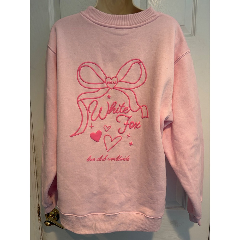 White Fox Boutique Pink Love Club Worldwide Puff Print Bow Sweatshirt M L Y2K